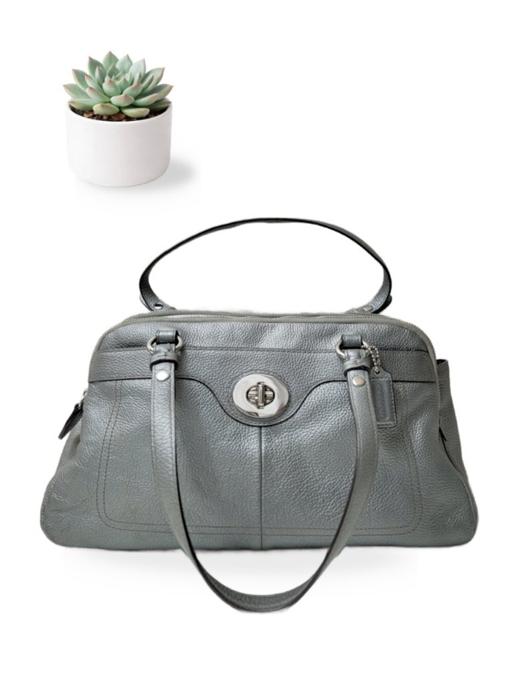 Coach Penelope Purse Silver Metallic Pebbled Leather Turnlock Satchel Carryall